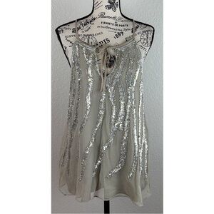 Parker Women’s Sequin Silver Metallic Sequin Embellished Halter Top, size Large